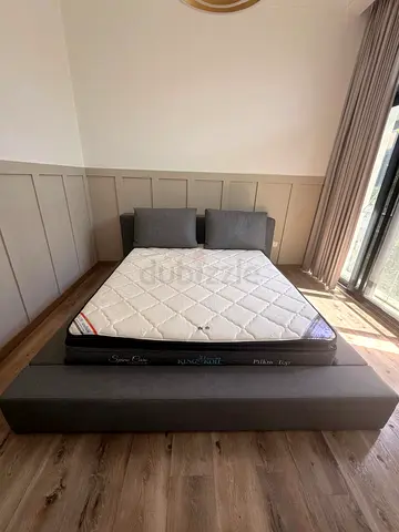 King Size Platform Bed with Mattress — Modern Grey Upholstery