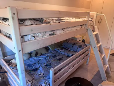 Solid wood white/cream bunk bed, grey wood grain design with ladder  2 mattresses - ID Design