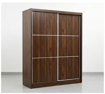 Wooden Sliding Door Wardrobe - Double Door, Walnut Finish - Big