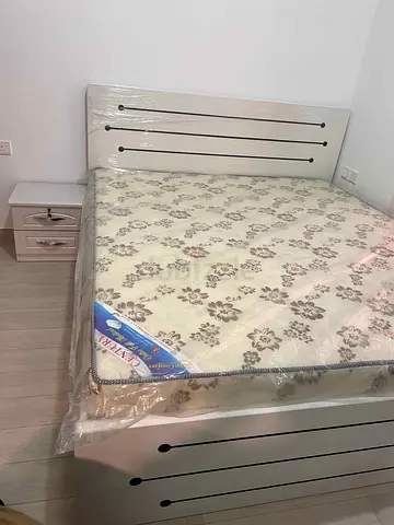 White Double Bed Frame with Mattress and Matching Nightstand - Good Condition