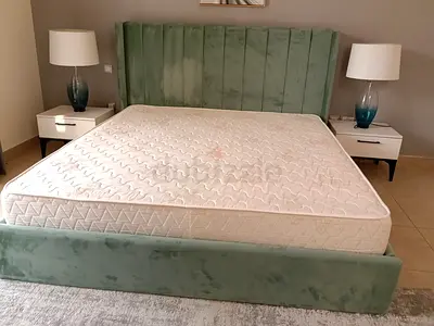 King size upholstered bed frame with mattress (green velvet) - Rarely used