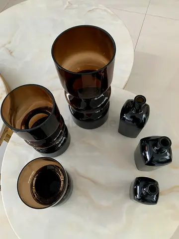 Set of 6 Brown Glass Vases / Decorative Bottles