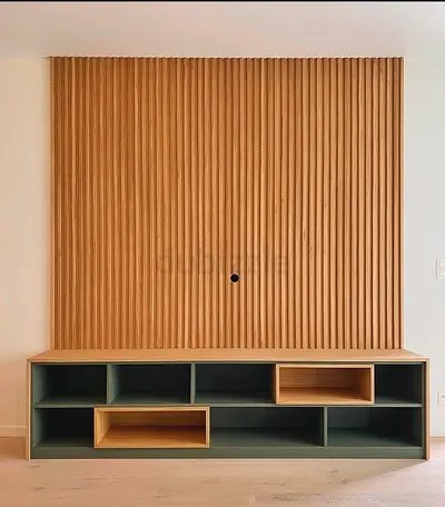 New entertainment TV unit with slatted wall panel