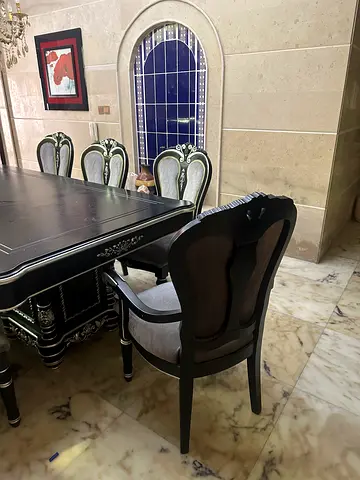 Black Ornate Dining Table with 8 Upholstered Chairs