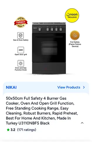Nikai 50x50cm 4-Burner Freestanding Gas Cooker with Oven and Grill (Black)