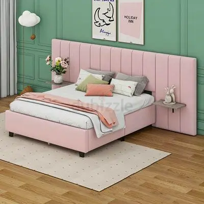 Modern Pink Upholstered Double Bed with Padded Headboard and Side Table