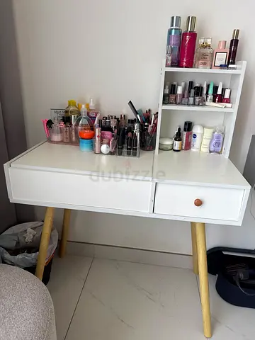 White Makeup Vanity Table with Shelves and Drawer - Good Condition