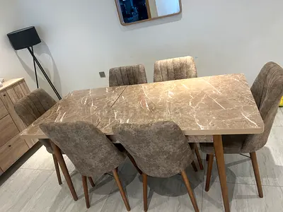 6-Seater Marble-Top Dining Table with Upholstered Chairs - Light Brown