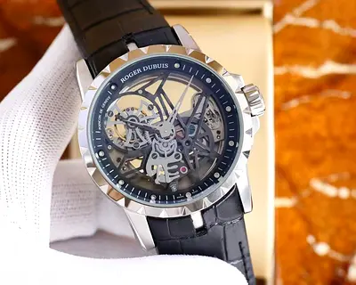 Roger Dubuis Skeleton Mechanical Mens Master Copy Watch with Black Leather Strap