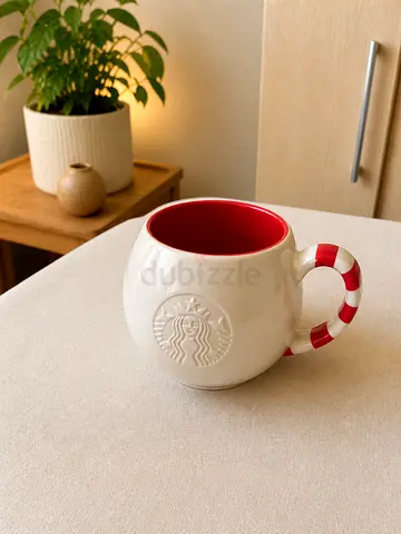 Starbucks Holiday Candy-Cane Handle Ceramic Mug (Red Interior)