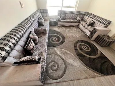 Large بGrey Corner Majlis Seating Set with Matching Rug and Side Tables