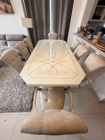 White Inlaid Dining Table with Gold Trim - Seats 8