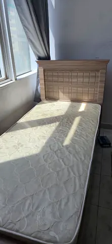 Single wooden bed frame with mattress - light oak
