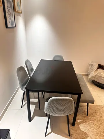 Modern Black Dining Table with 4 Grey Upholstered Chairs - Excellent Condition