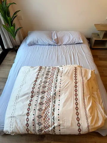 Brand New Mattress with FULL Set and Compact wooden bedside/side table with open shelves