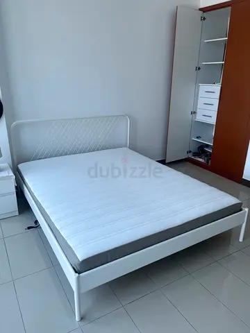White Metal Double Bed Frame with Mattress - Good Condition