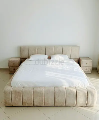 Beige Upholstered King Bed Frame with Matching Nightstands