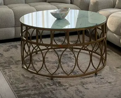 Round Glass Top Coffee Table with Gold Circular Metal Base
