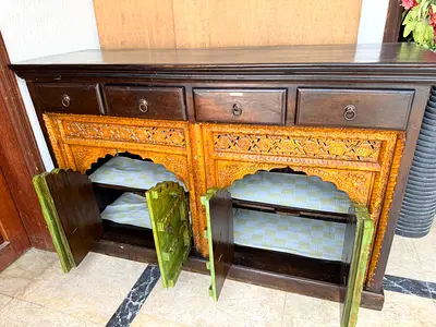 Solid Wood Sideboard with Hand-Carved Front Panels — Good Used Condition
