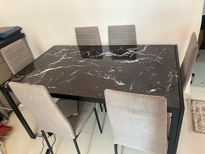 Modern Black Marble-Top Dining Table with 6 Upholstered Chairs