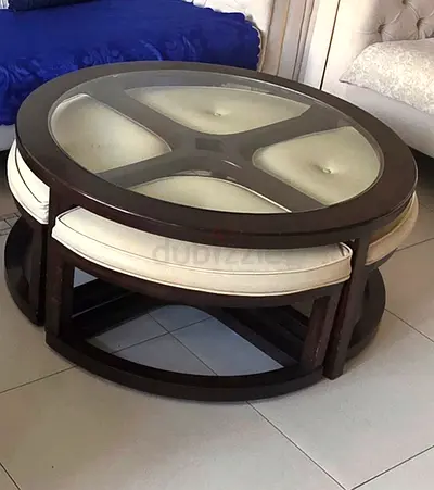 Round Glass Coffee Table with 4 Pull-Out Stools - Dark Wood