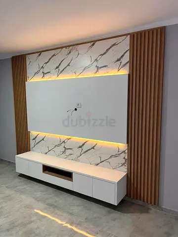 Wall-mounted TV Entertainment Unit with Marble Finish and LED Lighting