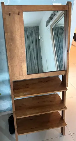 Wooden Hallway Shelving Unit with Mirror - 4 Shelves