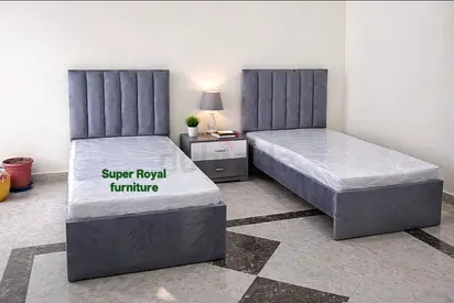 Pair of Grey Velvet Single Beds with Headboards with mattress