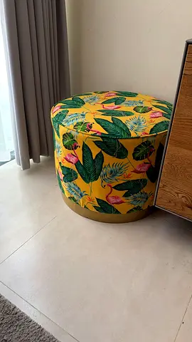Round Pouf Ottoman with Tropical Print - Good Condition