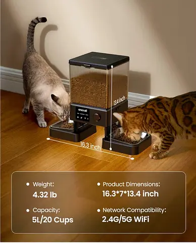 Oneisall Automatic Cat Feeder with 5G/2.4G  WiFi, Automatic Cat Food Dispenser for TWO pets, 20