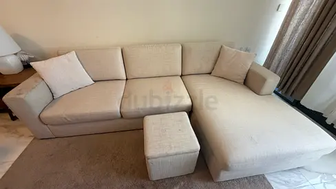 Home Centre Light Beige L-Shaped Corner Sofa with Ottoman - Good Condition