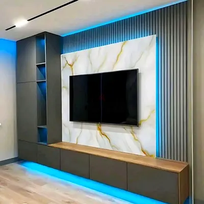 Modern wall-mounted TV entertainment unit with LED backlight and storage