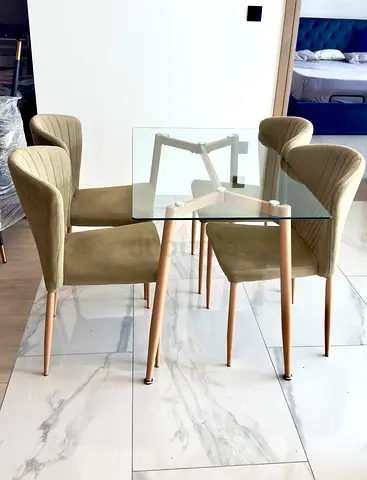 Glass Top Dining Table with 4 Upholstered Chairs - Light Olive