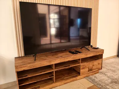 Wooden TV Entertainment Unit / Media Console - Rustic Finish and Samsung 65 UHD 4k