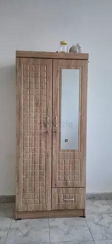 Two-door Wooden Wardrobe with Mirror - Light Oak Finish