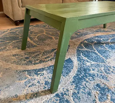 Long low green wooden coffee table - rustic / mid-century style
