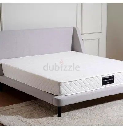 Queen size upholstered bed frame with mattress (light grey) - good condition