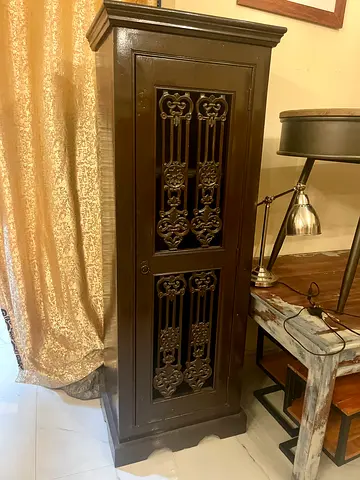 Tall Wooden Cabinet with Decorative Carved Door - Dark Brown