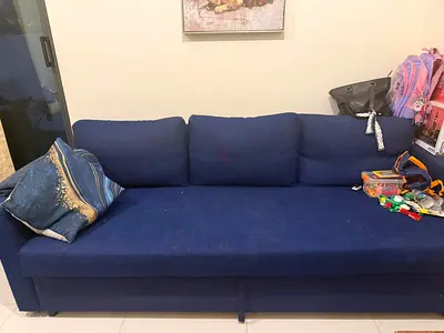 Blue 3-Seater Sofa Bed with Cushions - Good Condition