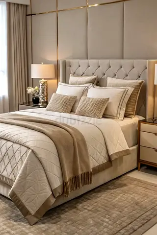 Beige Upholstered Bed Frame with Matching Headboard and Nightstands (Full Set Look)