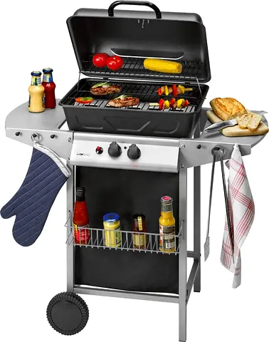 Portable 2-Burner Gas Grill with Side Shelves and Wheels - Used, Good Condition