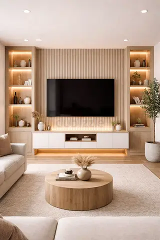 Modern built-in entertainment center with shelving and TV console