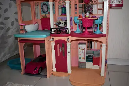 Large Barbie-style Dollhouse with Furniture and Pink Toy Car