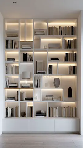 Custom Built-in Wall Bookshelf with LED Lighting - White