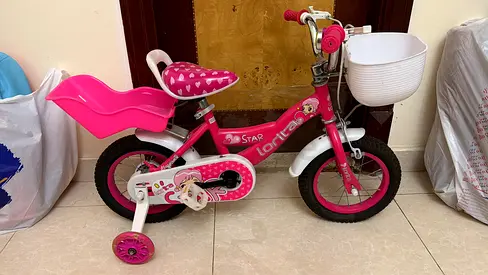 Pink 12-inch Kids Bicycle with Training Wheels and Rear Seat