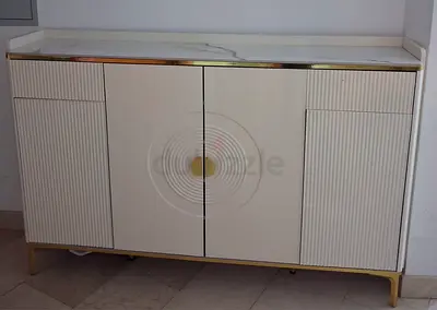 Cream lacquer sideboard cabinet with marble top and gold trim