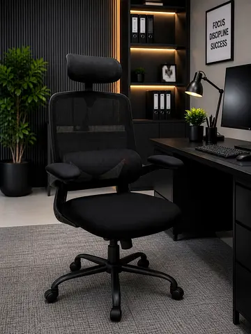 Ergonomic Black Mesh Office Chair with Headrest - Good Condition