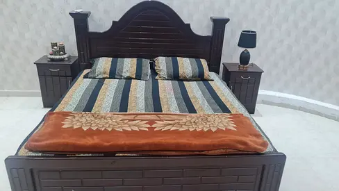 Solid Dark Wood Double Bed with Matching Nightstands (Used)