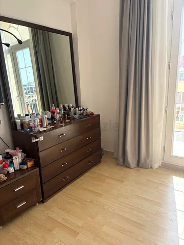 Dark Wood 4-Drawer Dresser with Large Mirror - Good Condition