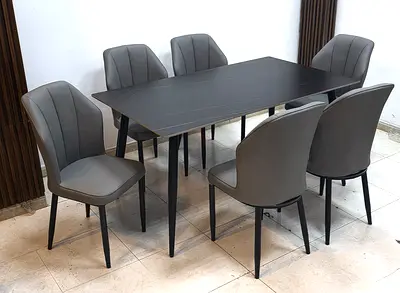 Modern 6-Seater Dining Table with Grey Upholstered Chairs